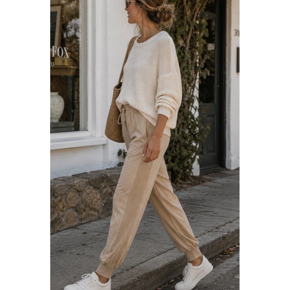 100% Tencel Jogger Pants Womens Large Casual  Side Panel Drawstring